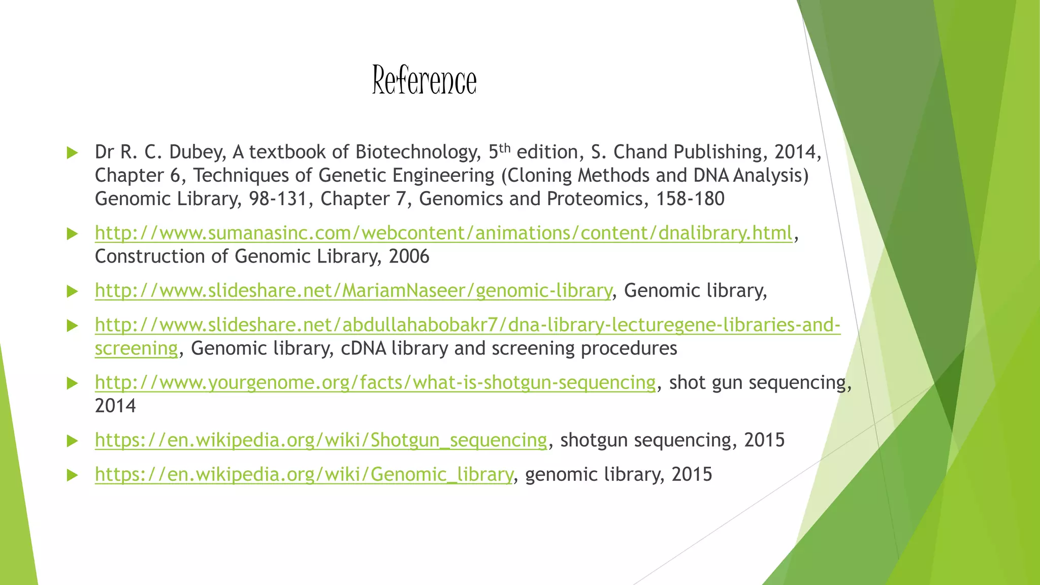 Reference
 Dr R. C. Dubey, A textbook of Biotechnology, 5th edition, S. Chand Publishing, 2014,
Chapter 6, Techniques of Genetic Engineering (Cloning Methods and DNA Analysis)
Genomic Library, 98-131, Chapter 7, Genomics and Proteomics, 158-180
 http://www.sumanasinc.com/webcontent/animations/content/dnalibrary.html,
Construction of Genomic Library, 2006
 http://www.slideshare.net/MariamNaseer/genomic-library, Genomic library,
 http://www.slideshare.net/abdullahabobakr7/dna-library-lecturegene-libraries-and-
screening, Genomic library, cDNA library and screening procedures
 http://www.yourgenome.org/facts/what-is-shotgun-sequencing, shot gun sequencing,
2014
 https://en.wikipedia.org/wiki/Shotgun_sequencing, shotgun sequencing, 2015
 https://en.wikipedia.org/wiki/Genomic_library, genomic library, 2015
 