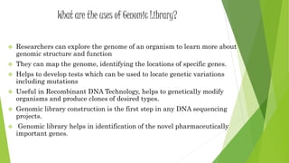 What are the uses of Genomic Library?
 Researchers can explore the genome of an organism to learn more about
genomic structure and function
 They can map the genome, identifying the locations of specific genes.
 Helps to develop tests which can be used to locate genetic variations
including mutations
 Useful in Recombinant DNA Technology, helps to genetically modify
organisms and produce clones of desired types.
 Genomic library construction is the first step in any DNA sequencing
projects.
 Genomic library helps in identification of the novel pharmaceutically
important genes.
 