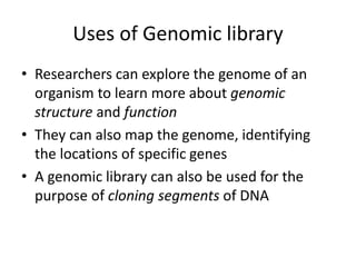 Uses of Genomic library
• Researchers can explore the genome of an
organism to learn more about genomic
structure and function
• They can also map the genome, identifying
the locations of specific genes
• A genomic library can also be used for the
purpose of cloning segments of DNA
 