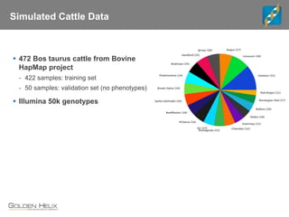 Simulated Cattle Data
 472 Bos taurus cattle from Bovine
HapMap project
- 422 samples: training set
- 50 samples: validation set (no phenotypes)
 Illumina 50k genotypes
 