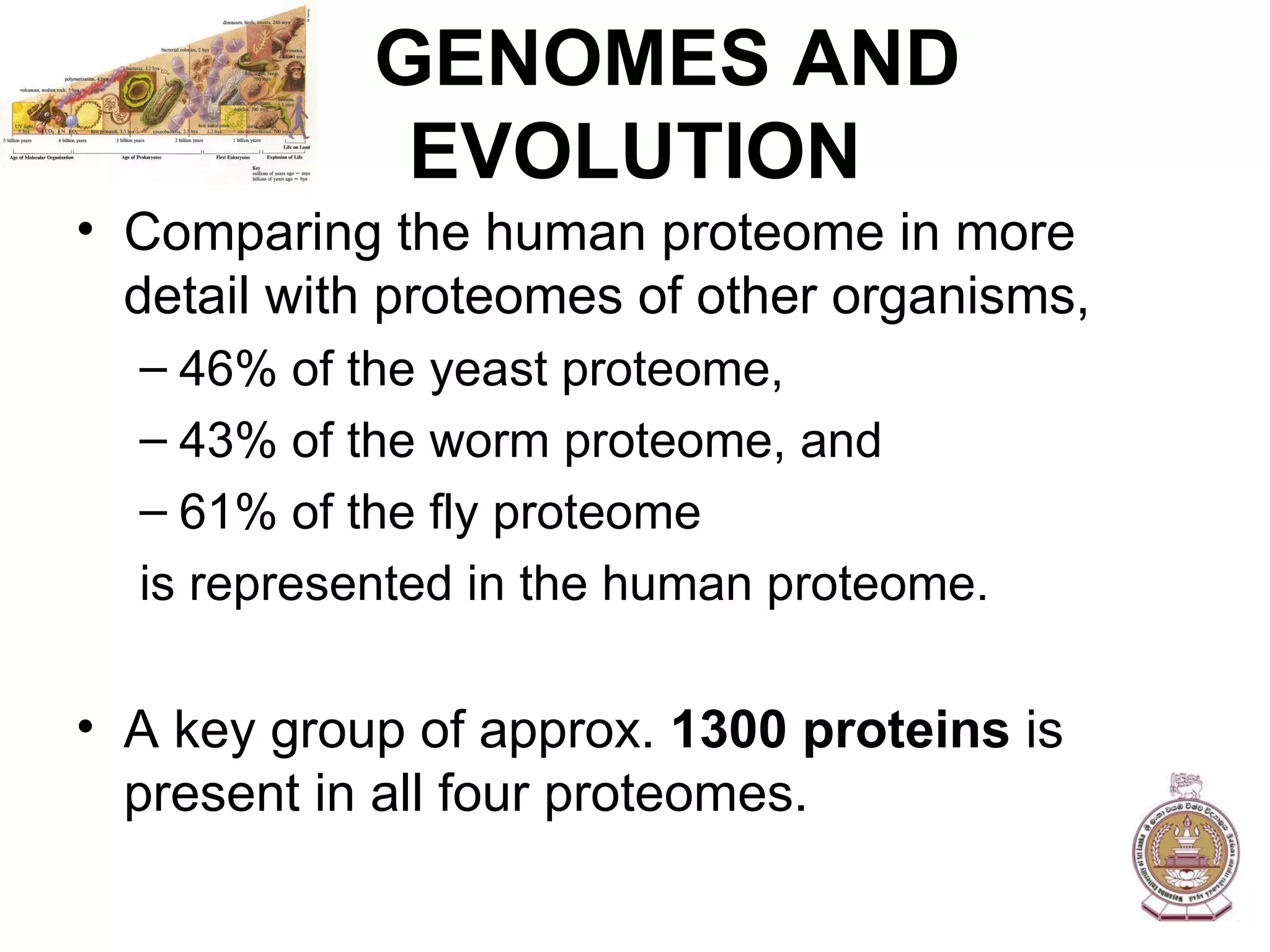 GENOMES AND EVOLUTION Comparing the human proteome in more detail with proteomes of other organisms, 46% of the yeast proteome, 43% of the worm proteome, and 61% of the fly proteome is represented in the human proteome. A key group of approx.  1300 proteins  is present in all four proteomes. 