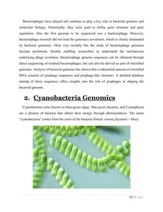 10 | P a g e
Bacteriophages have played and continue to play a key role in bacterial genetics and
molecular biology. Historically, they were used to define gene structure and gene
regulation. Also the first genome to be sequenced was a bacteriophage. However,
bacteriophage research did not lead the genomics revolution, which is clearly dominated
by bacterial genomics. Only very recently has the study of bacteriophage genomes
become prominent, thereby enabling researchers to understand the mechanisms
underlying phage evolution. Bacteriophage genome sequences can be obtained through
direct sequencing of isolated bacteriophages, but can also be derived as part of microbial
genomes. Analysis of bacterial genomes has shown that a substantial amount of microbial
DNA consists of prophage sequences and prophage-like elements. A detailed database
mining of these sequences offers insights into the role of prophages in shaping the
bacterial genome.
2. Cyanobacteria Genomics
Cyanobacteria (also known as blue-green algae, blue-green bacteria, and Cyanophyta)
are a phylum of bacteria that obtain their energy through photosynthesis. The name
"cyanobacteria" comes from the color of the bacteria (Greek: κυανός (kyanós) = blue).
 