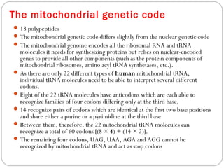 The mitochondrial genetic code
13 polypeptides
The mitochondrial genetic code differs slightly from the nuclear genetic code
The mitochondrial genome encodes all the ribosomal RNA and tRNA
molecules it needs for synthesizing proteins but relies on nuclear-encoded
genes to provide all other components (such as the protein components of
mitochondrial ribosomes, amino acyl tRNA synthetases, etc.).
As there are only 22 different types of human mitochondrial tRNA,
individual tRNA molecules need to be able to interpret several different
codons.
Eight of the 22 tRNA molecules have anticodons which are each able to
recognize families of four codons differing only at the third base,
14 recognize pairs of codons which are identical at the first two base positions
and share either a purine or a pyrimidine at the third base.
Between them, therefore, the 22 mitochondrial tRNA molecules can
recognize a total of 60 codons [(8 × 4) + (14 × 2)].
The remaining four codons, UAG, UAA, AGA and AGG cannot be
recognized by mitochondrial tRNA and act as stop codons
 