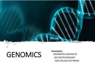 GENOMICS
Presented by :
AISHWARYA LAKSHMI M
3DC BIOTECHNOLOGY
CMS COLLEGE KOTTAYAM
 