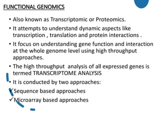 FUNCTIONAL GENOMICS
• Also known as Transcriptomic or Proteomics.
• It attempts to understand dynamic aspects like
transcription , translation and protein interactions .
• It focus on understanding gene function and interaction
at the whole genome level using high throughput
approaches.
• The high throughput analysis of all expressed genes is
termed TRANSCRIPTOME ANALYSIS
• It is conducted by two approaches:
Sequence based approaches
Microarray based approaches
 