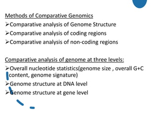 Methods of Comparative Genomics
Comparative analysis of Genome Structure
Comparative analysis of coding regions
Comparative analysis of non-coding regions
Comparative analysis of genome at three levels:
Overall nucleotide statistics(genome size , overall G+C
content, genome signature)
Genome structure at DNA level
Genome structure at gene level
 