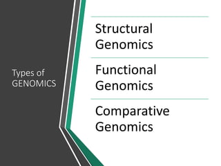 Types of
GENOMICS
Structural
Genomics
Functional
Genomics
Comparative
Genomics
 