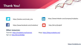 Thank You!
Other resources:
Tutorials: https://insidedna.me/tutorials Blogs: https://blog.insidedna.me/
Sign up: http://bit.ly/2kihBpr
https://www.linkedin.com/company/insidednahttps://twitter.com/inside_dna
https://www.facebook.com/insidedna/ http://bit.ly/2jnqKsP
 