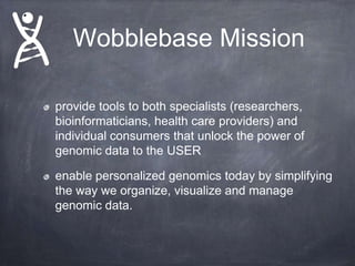 Wobblebase Mission
provide tools to both specialists (researchers,
bioinformaticians, health care providers) and
individual consumers that unlock the power of
genomic data to the USER
enable personalized genomics today by simplifying
the way we organize, visualize and manage
genomic data.

 