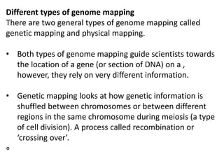 Different types of genome mapping
There are two general types of genome mapping called
genetic mapping and physical mapping.
• Both types of genome mapping guide scientists towards
the location of a gene (or section of DNA) on a ,
however, they rely on very different information.
• Genetic mapping looks at how genetic information is
shuffled between chromosomes or between different
regions in the same chromosome during meiosis (a type
of cell division). A process called recombination or
‘crossing over’.
∘
 