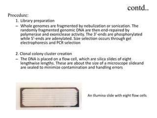 contd..
Procedure:
1. Library preparation
– Whole genomes are fragmented by nebulization or sonication. The
randomly fragmented genomic DNA are then end-repaired by
polymerase and exoniclease activity. The 3’-ends are phosphorylated
while 5’-ends are adenylated. Size selection occurs through gel
electrophoresis and PCR selection
2. Clonal colony cluster creation
– The DNA is placed on a flow cell, which are silica slides of eight
lengthwise lengths. These are about the size of a microscope slideand
are sealed to minimize contamination and handling errors
An Illumina slide with eight flow cells
 