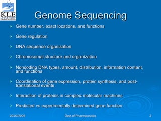 Genome Sequencing Gene number, exact locations, and functions  Gene regulation  DNA sequence organization  Chromosomal structure and organization  Noncoding DNA types, amount, distribution, information content, and functions  Coordination of gene expression, protein synthesis, and post-translational events  Interaction of proteins in complex molecular machines  Predicted vs experimentally determined gene function  