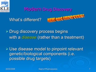 What’s different? Drug discovery process begins  with a  disease  (rather than a treatment) Use disease model to pinpoint relevant genetic/biological components (i.e. possible drug targets) Modern  Drug Discovery NEW and IMPROVED! 