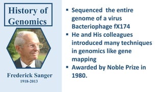 Frederick Sanger
1918-2013
 Sequenced the entire
genome of a virus
Bacteriophage fX174
 He and His colleagues
introduced many techniques
in genomics like gene
mapping
 Awarded by Noble Prize in
1980.
History of
Genomics
 