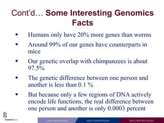 Cont’d… Some Interesting Genomics
              Facts
   Humans only have 20% more genes than worms
   Around 99% of our genes have counterparts in
    mice
   Our genetic overlap with chimpanzees is about
    97.5%
   The genetic difference between one person and
    another is less than 0.1 %
   But because only a few regions of DNA actively
    encode life functions, the real difference between
    one person and another is only 0.0003 percent
 