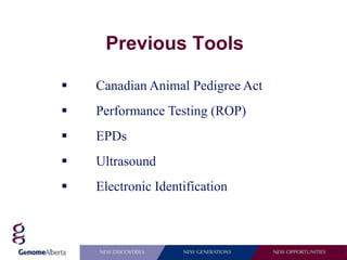 Previous Tools

   Canadian Animal Pedigree Act
   Performance Testing (ROP)
   EPDs
   Ultrasound
   Electronic Identification
 