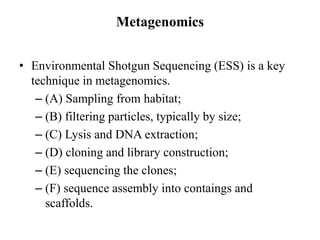 Metagenomics
• Environmental Shotgun Sequencing (ESS) is a key
technique in metagenomics.
– (A) Sampling from habitat;
– (B) filtering particles, typically by size;
– (C) Lysis and DNA extraction;
– (D) cloning and library construction;
– (E) sequencing the clones;
– (F) sequence assembly into contaings and
scaffolds.
 