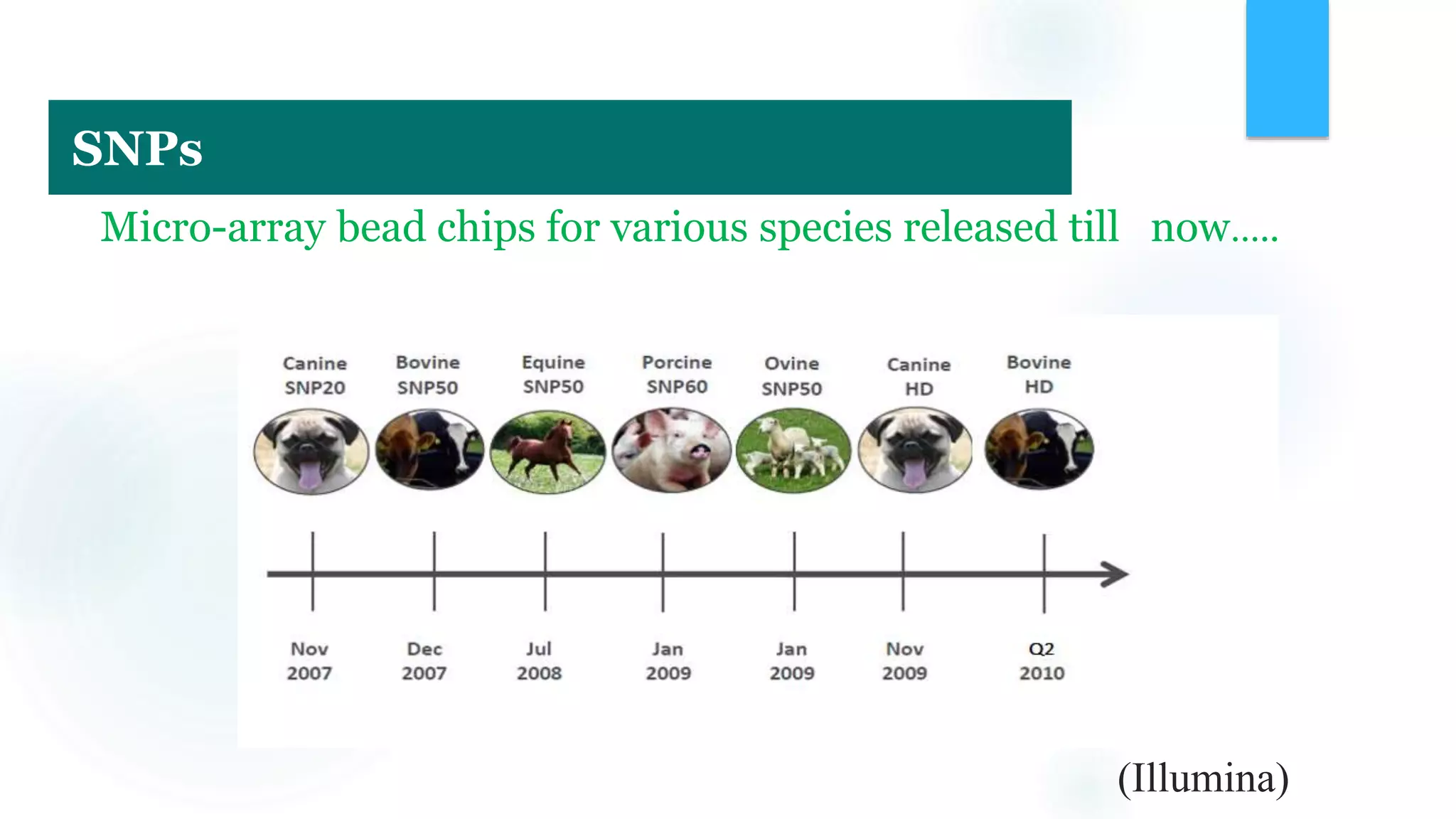 (Illumina)
Micro-array bead chips for various species released till now…..
SNPs
 