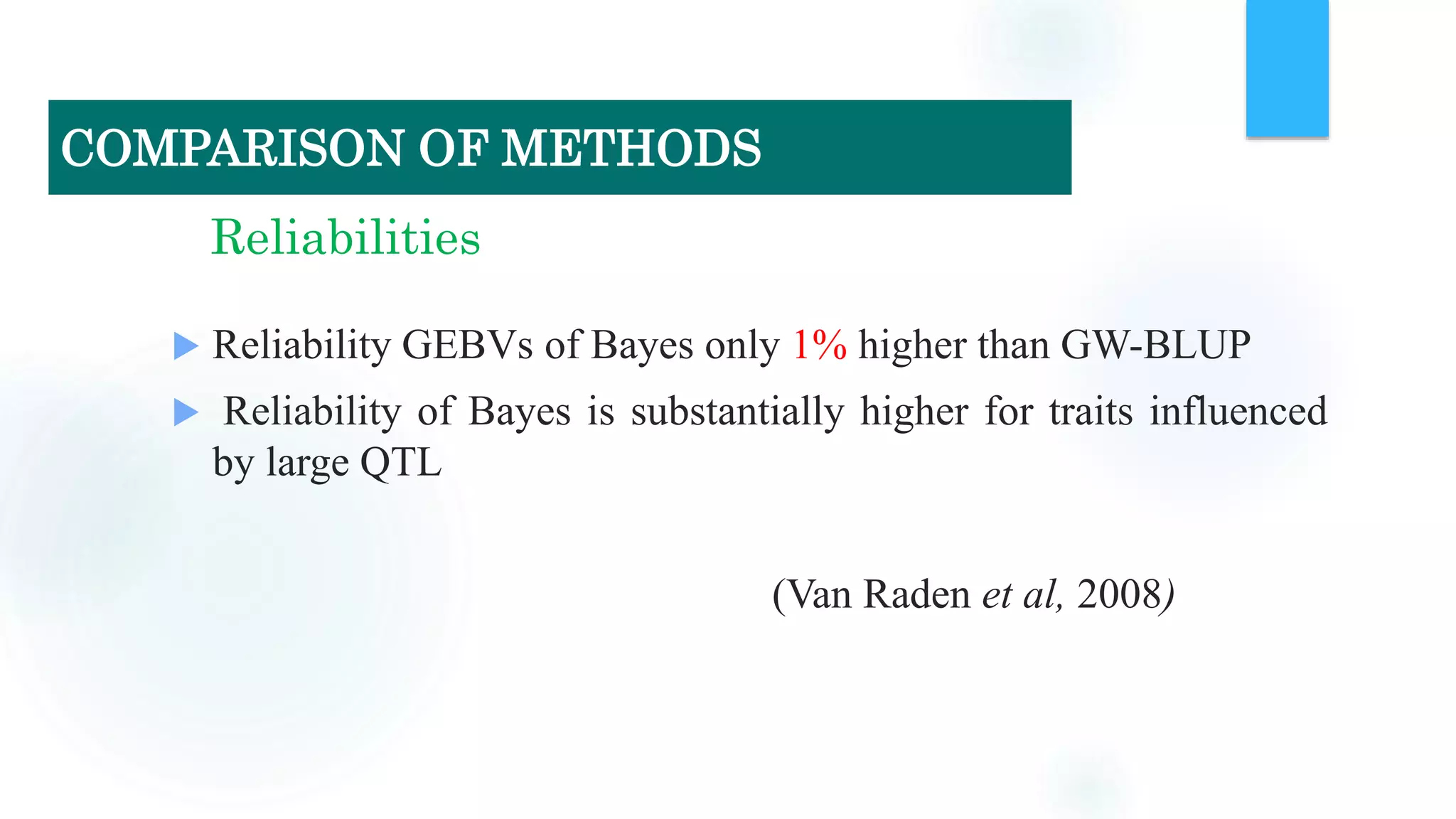 Reliabilities
 Reliability GEBVs of Bayes only 1% higher than GW-BLUP
 Reliability of Bayes is substantially higher for traits influenced
by large QTL
(Van Raden et al, 2008)
COMPARISON OF METHODS
 