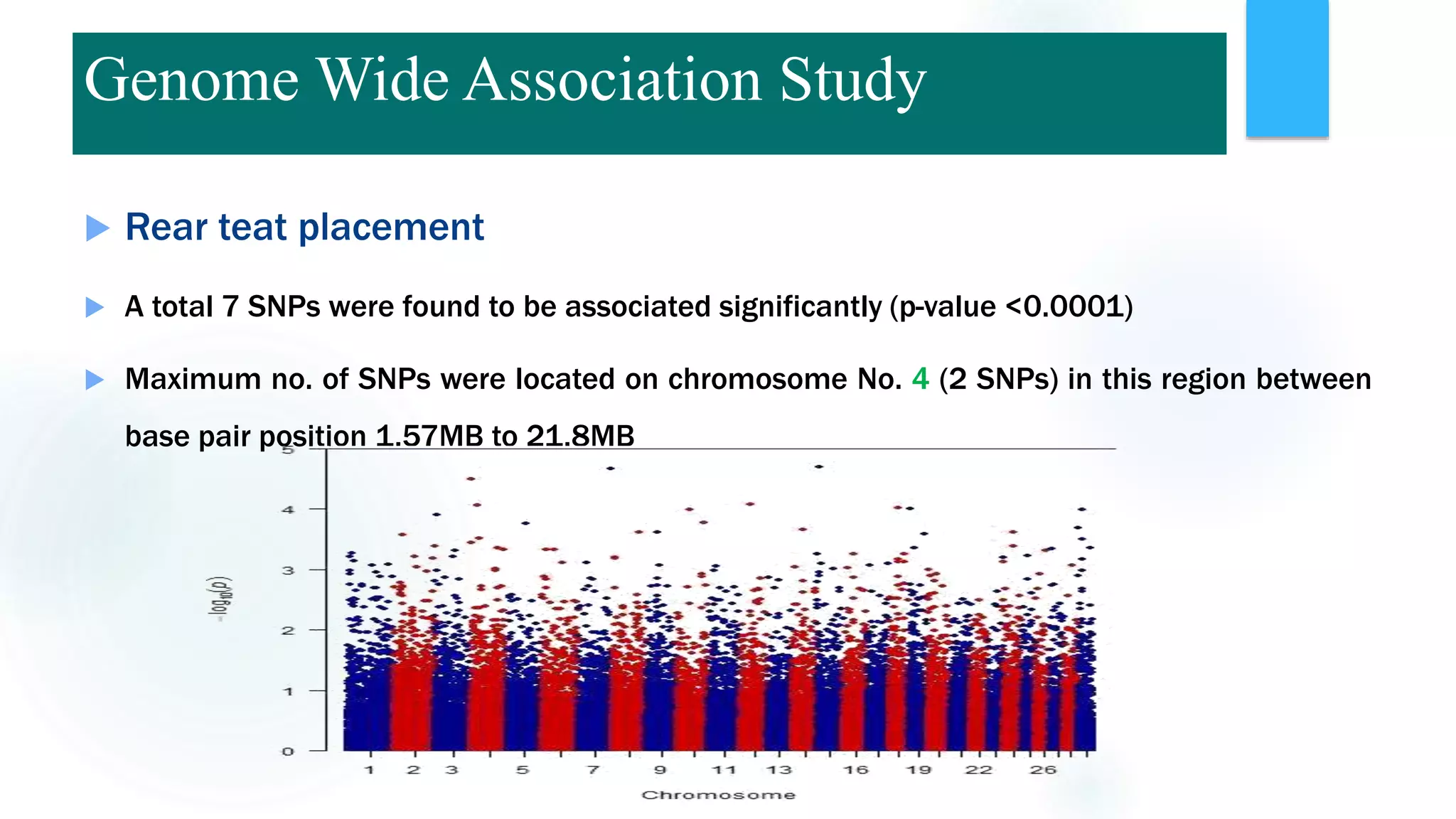  Rear teat placement
 A total 7 SNPs were found to be associated significantly (p-value <0.0001)
 Maximum no. of SNPs were located on chromosome No. 4 (2 SNPs) in this region between
base pair position 1.57MB to 21.8MB
Genome Wide Association Study
 
