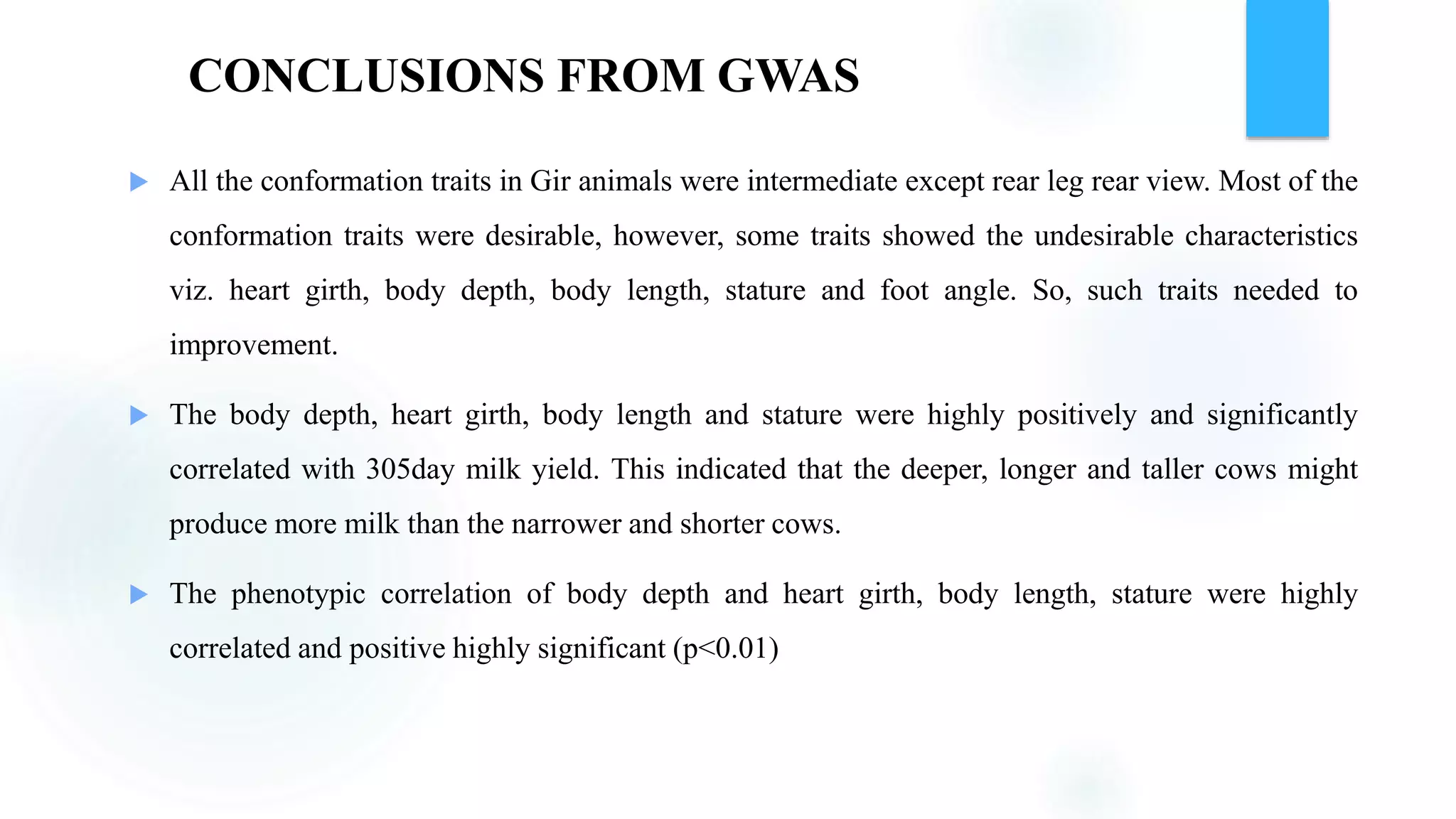 CONCLUSIONS FROM GWAS
 All the conformation traits in Gir animals were intermediate except rear leg rear view. Most of the
conformation traits were desirable, however, some traits showed the undesirable characteristics
viz. heart girth, body depth, body length, stature and foot angle. So, such traits needed to
improvement.
 The body depth, heart girth, body length and stature were highly positively and significantly
correlated with 305day milk yield. This indicated that the deeper, longer and taller cows might
produce more milk than the narrower and shorter cows.
 The phenotypic correlation of body depth and heart girth, body length, stature were highly
correlated and positive highly significant (p<0.01)
 