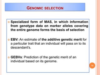 GENOMIC SELECTION
 Specialized form of MAS, in which information
from genotype data on marker alleles covering
the entire genome forms the basis of selection
 EBV: An estimate of the additive genetic merit for
a particular trait that an individual will pass on to its
descendant's.
 GEBVs: Prediction of the genetic merit of an
individual based on its genome.
15
 