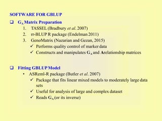 SOFTWARE FOR GBLUP
 GA Matrix Preparation
1. TASSEL (Bradbury et al. 2007)
2. rr-BLUP R package (Endelman 2011)
3. GenoMatrix (Nazarian and Gezan, 2015)
 Performs quality control of marker data
 Constructs and manipulates GA and Arelationship matrices
 Fitting GBLUPModel
• ASReml-R package (Butler et al. 2007)
 Package that fits linear mixed models to moderately large data
sets
 Useful for analysis of large and complex dataset
 Reads GA (or its inverse)
 