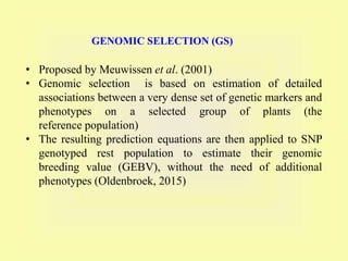 GENOMIC SELECTION (GS)
• Proposed by Meuwissen et al. (2001)
• Genomic selection is based on estimation of detailed
associations between a very dense set of genetic markers and
phenotypes on a selected group of plants (the
reference population)
• The resulting prediction equations are then applied to SNP
genotyped rest population to estimate their genomic
breeding value (GEBV), without the need of additional
phenotypes (Oldenbroek, 2015)
 