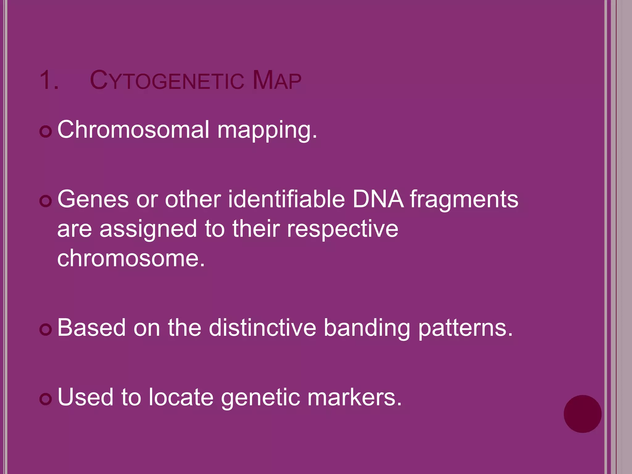 1. CYTOGENETIC MAP 
 Chromosomal mapping. 
Genes or other identifiable DNA fragments 
are assigned to their respective 
chromosome. 
 Based on the distinctive banding patterns. 
 Used to locate genetic markers. 
 