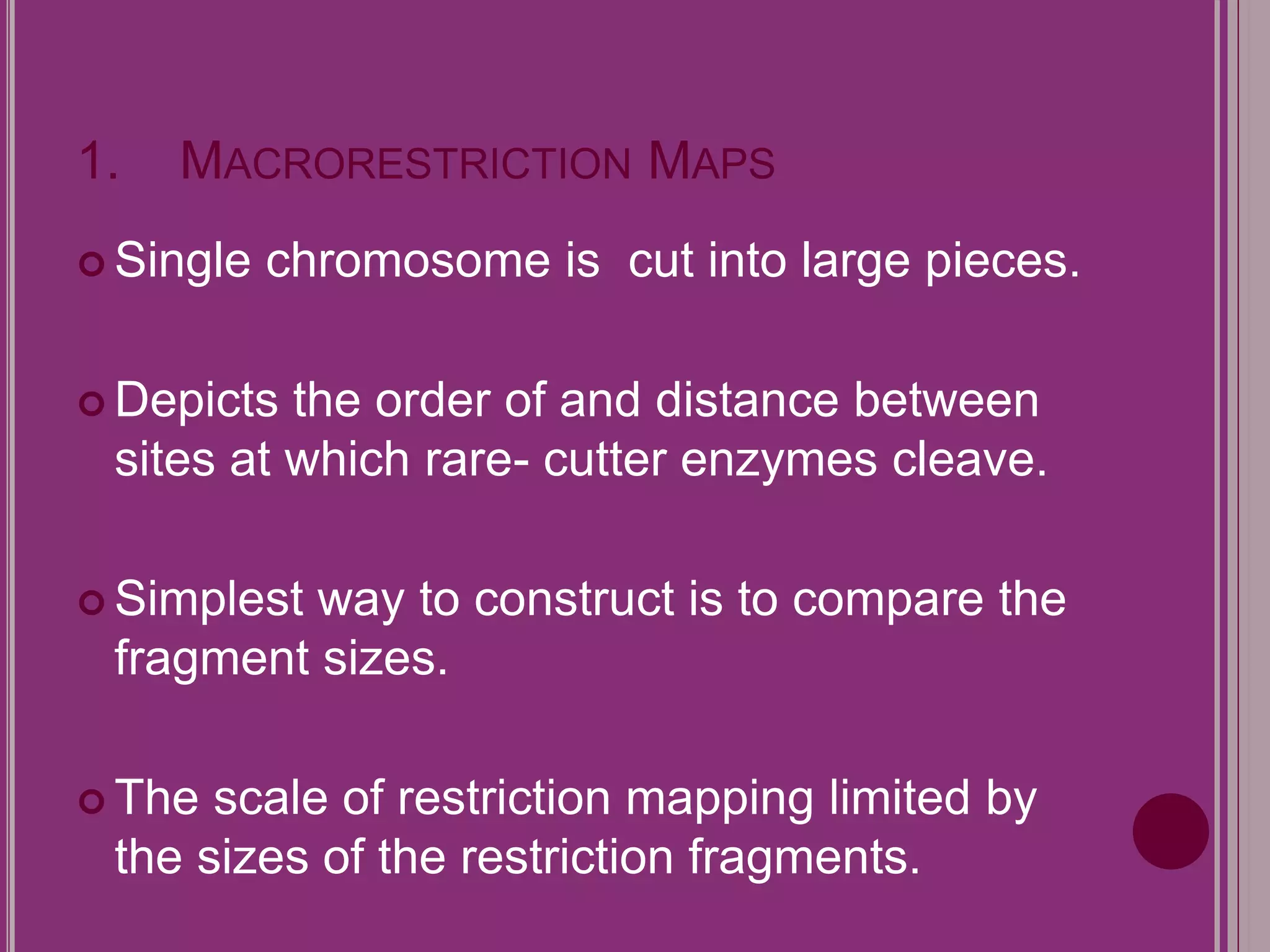 1. MACRORESTRICTION MAPS 
 Single chromosome is cut into large pieces. 
 Depicts the order of and distance between 
sites at which rare- cutter enzymes cleave. 
 Simplest way to construct is to compare the 
fragment sizes. 
 The scale of restriction mapping limited by 
the sizes of the restriction fragments. 
 