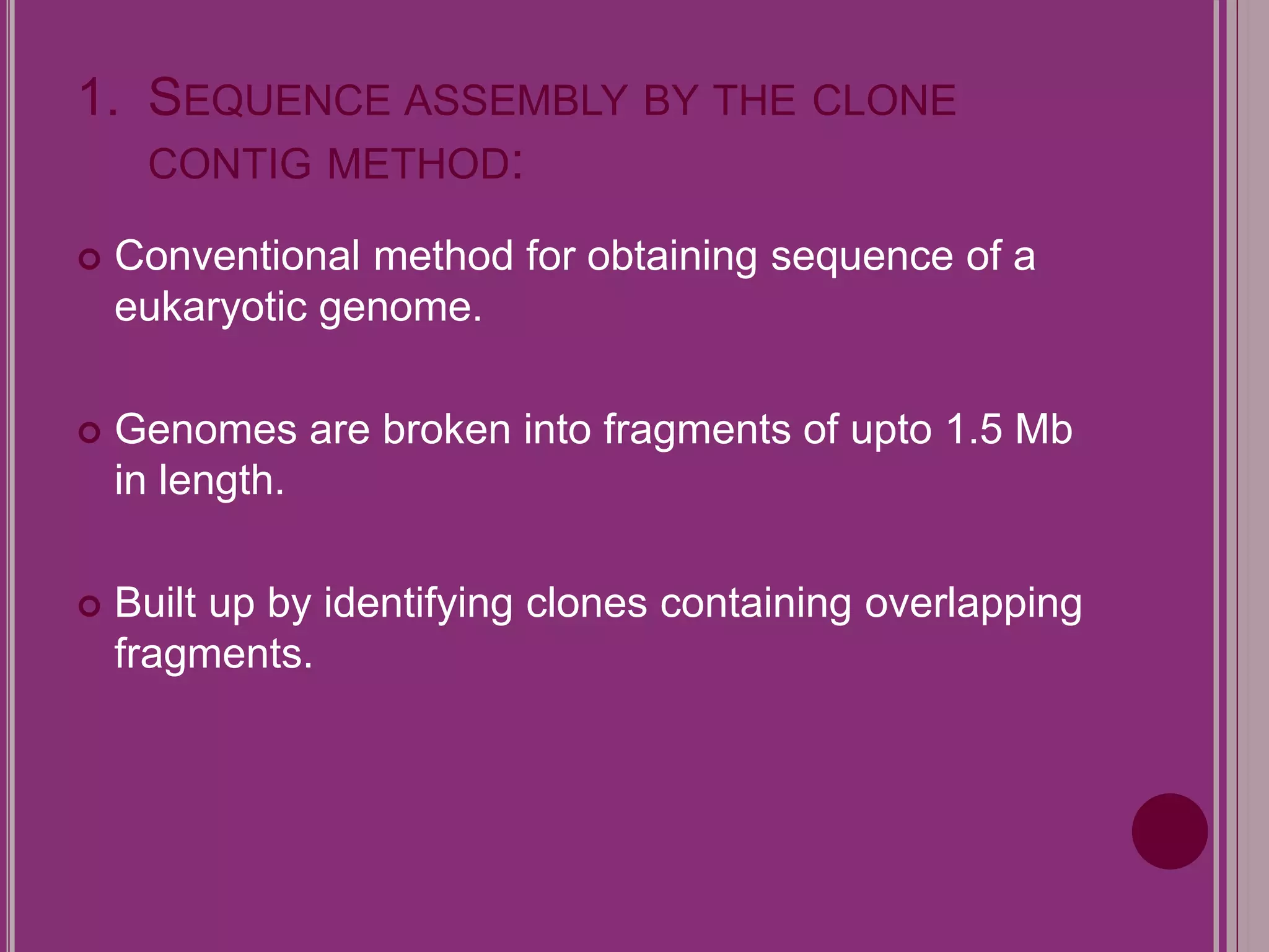 1. SEQUENCE ASSEMBLY BY THE CLONE 
CONTIG METHOD: 
 Conventional method for obtaining sequence of a 
eukaryotic genome. 
 Genomes are broken into fragments of upto 1.5 Mb 
in length. 
 Built up by identifying clones containing overlapping 
fragments. 
 