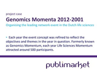 project case

Genomics Momenta 2012-2001
Organising the leading network event in the Dutch life sciences
• Each year the event concept was refined to reflect the
objectives and themes in the year in question. Formerly known
as Genomics Momentum, each year Life Sciences Momentum
attracted around 500 participants.

 
