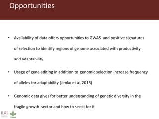 Opportunities
• Availability of data offers opportunities to GWAS and positive signatures
of selection to identify regions of genome associated with productivity
and adaptability
• Usage of gene editing in addition to genomic selection increase frequency
of alleles for adaptability (Jenko et al, 2015)
• Genomic data gives for better understanding of genetic diversity in the
fragile growth sector and how to select for it
 