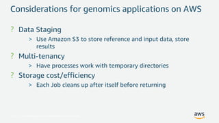 © 2017, Amazon Web Services, Inc. or its Affiliates. All rights reserved.
Considerations for genomics applications on AWS
Data Staging
Use Amazon S3 to store reference and input data, store
results
Multi-tenancy
Have processes work with temporary directories
Storage cost/efficiency
Each Job cleans up after itself before returning
 