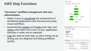 © 2017, Amazon Web Services, Inc. or its Affiliates. All rights reserved.
AWS Step Functions
“Serverless” workflow management with zero
administration:
• Makes it easy to coordinate the components of
distributed applications and microservices using
visual workflows
• Automatically triggers and tracks each step, and
retries when there are errors, so your application
executes in order and as expected
• Logs the state of each step, so when things do go
wrong, you can diagnose and debug problems
quickly
 