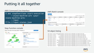© 2017, Amazon Web Services, Inc. or its Affiliates. All rights reserved.
Putting it all together
$ aws stepfunctions start-execution
--state-machine-arn <your-
state-machine-arn>
--input
file://input.states.json
AWS Command Line Interface
AWS Batch console
Step Function console
S3 object listing
 