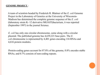 GENOME PROJECT :
A team of scientists headed by Frederick R. Blattner of the E. coli Genome
Project in the Laboratory of Genetics at the University of Wisconsin-
Madison has determined the complete genome sequence of the E. coli
(laboratory strain K- 12 derivative MG1655)bacterium, it was reported
(September 1997) in the journal Science.
E. coli has only one circular chromosome, some along with a circular
plasmid. The published genome has 4,639,221 base pairs. The E.
coli chromosome is represented by 4,401 genes encoding 116 RNAs and
4,616 protein modules.
Protein-coding genes account for 87.8% of the genome, 0.8% encodes stable
RNAs, and 0.7% consists of non-coding repeats.
 