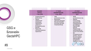 GSG и
Блокчейн
GectaHPC
#9
НАЧАЛО
ЗАПУСК
1 пол. 2018
1ый ЭТАП
ФОРМИРОВАНИЕ
2 пол. 2018
2ой ЭТАП
ФОРМИРОВАНИЕ
2019
ü Создание Genomics
Science Group
ü Первый
коммерческий
меморандум,
подписанный
совместно с
Исследовательским
Центром
ü Первые 500
участников Synterium
подключены
o 6 000
вычислительных нод
o Масштабная
адаптация хранилища
Блокчейн GectaHPC,
как основы для GSG
Computing Storage
o 46 000
вычислительных нод
o Широкое
использование
хранилища GSG
Computing Storage
для цифровых
образцов ДНК,
включая
общедоступное
хранилище ДНК для
личного пользования
o Для
исследовательских
центров - доступ к
большой выборке
образцов ДНК и
инструментам
обработки и анализа
17.04.2018
 