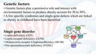 Genetic factors
• Genetic factors play a permissive role and interact with
environmental factors to produce obesity account for 30 to 50% .
• A few specific syndromes and single-gene defects which are linked
to obesity in childhood have been Identified.
Single gene disorder
• Leptin deficiency (LEP)
• Leptin receptor deficiency (LEPR).
• Melanocortin receptor 4 haploinsufficiency (MC4R).
• Pro-opiomelanocortin deficiency (POMC)
34
 