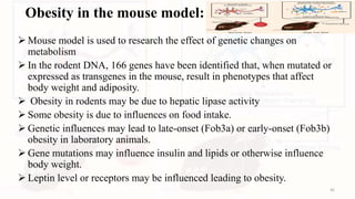 Obesity in the mouse model:
 Mouse model is used to research the effect of genetic changes on
metabolism
 In the rodent DNA, 166 genes have been identified that, when mutated or
expressed as transgenes in the mouse, result in phenotypes that affect
body weight and adiposity.
 Obesity in rodents may be due to hepatic lipase activity
 Some obesity is due to influences on food intake.
 Genetic influences may lead to late-onset (Fob3a) or early-onset (Fob3b)
obesity in laboratory animals.
 Gene mutations may influence insulin and lipids or otherwise influence
body weight.
 Leptin level or receptors may be influenced leading to obesity.
45
 