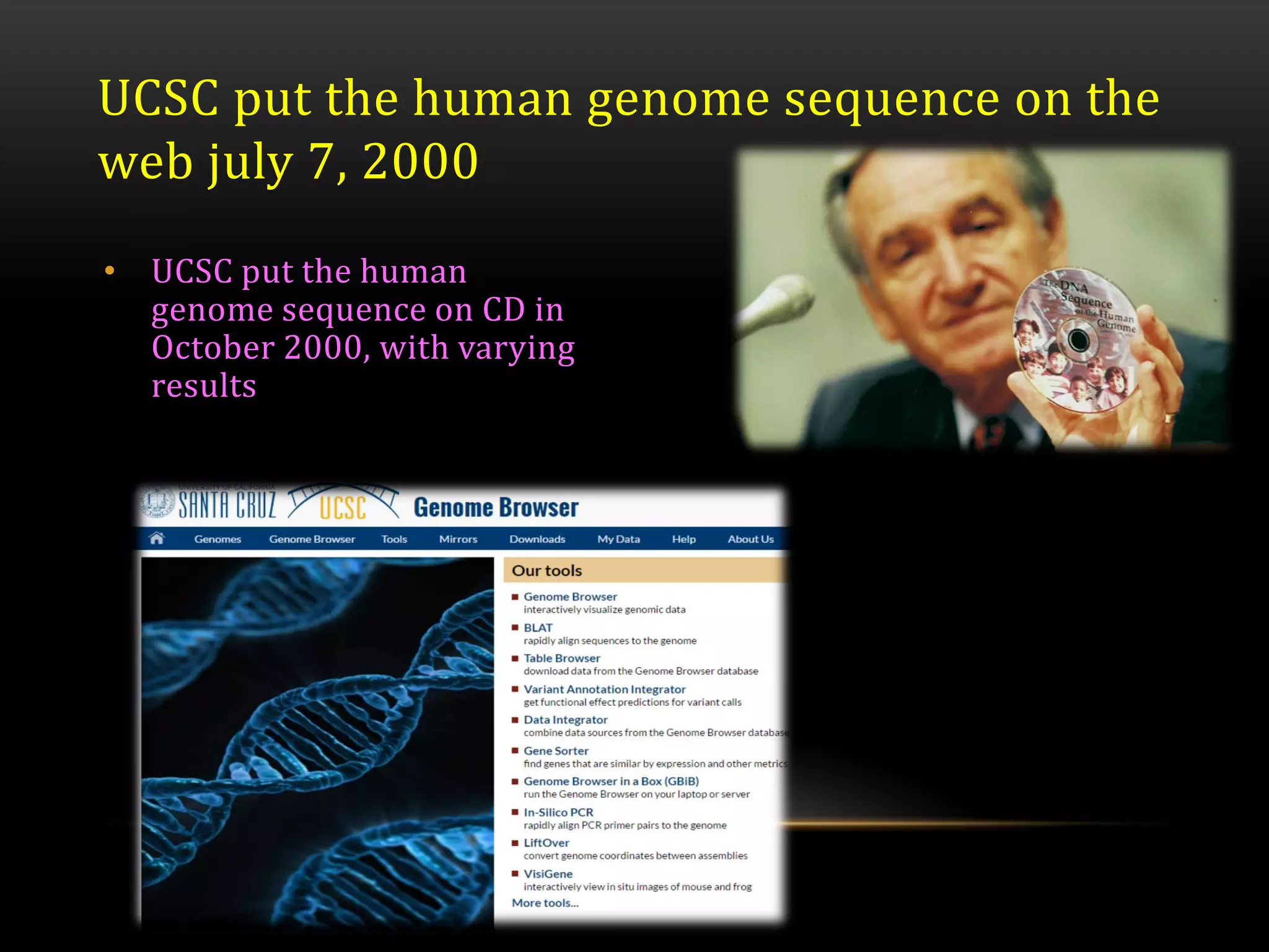 • UCSC put the human
genome sequence on CD in
October 2000, with varying
results
UCSC put the human genome sequence on the
web july 7, 2000
 