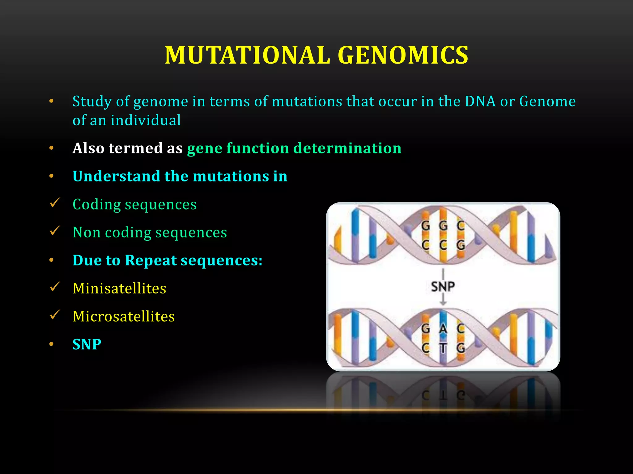 MUTATIONAL GENOMICS
• Study of genome in terms of mutations that occur in the DNA or Genome
of an individual
• Also termed as gene function determination
• Understand the mutations in
 Coding sequences
 Non coding sequences
• Due to Repeat sequences:
 Minisatellites
 Microsatellites
• SNP
 