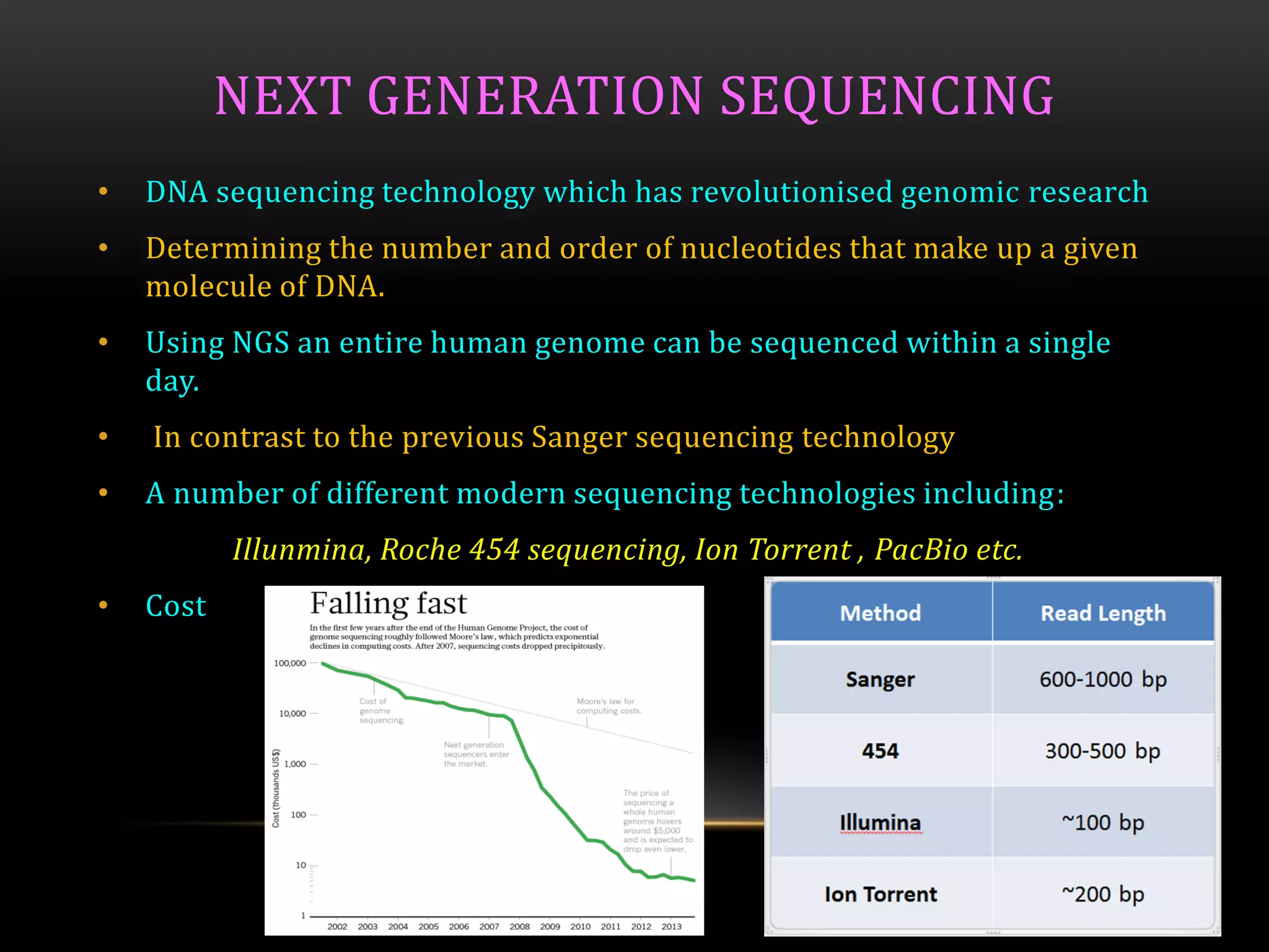 NEXT GENERATION SEQUENCING
• DNA sequencing technology which has revolutionised genomic research
• Determining the number and order of nucleotides that make up a given
molecule of DNA.
• Using NGS an entire human genome can be sequenced within a single
day.
• In contrast to the previous Sanger sequencing technology
• A number of different modern sequencing technologies including:
Illunmina, Roche 454 sequencing, Ion Torrent , PacBio etc.
• Cost
 