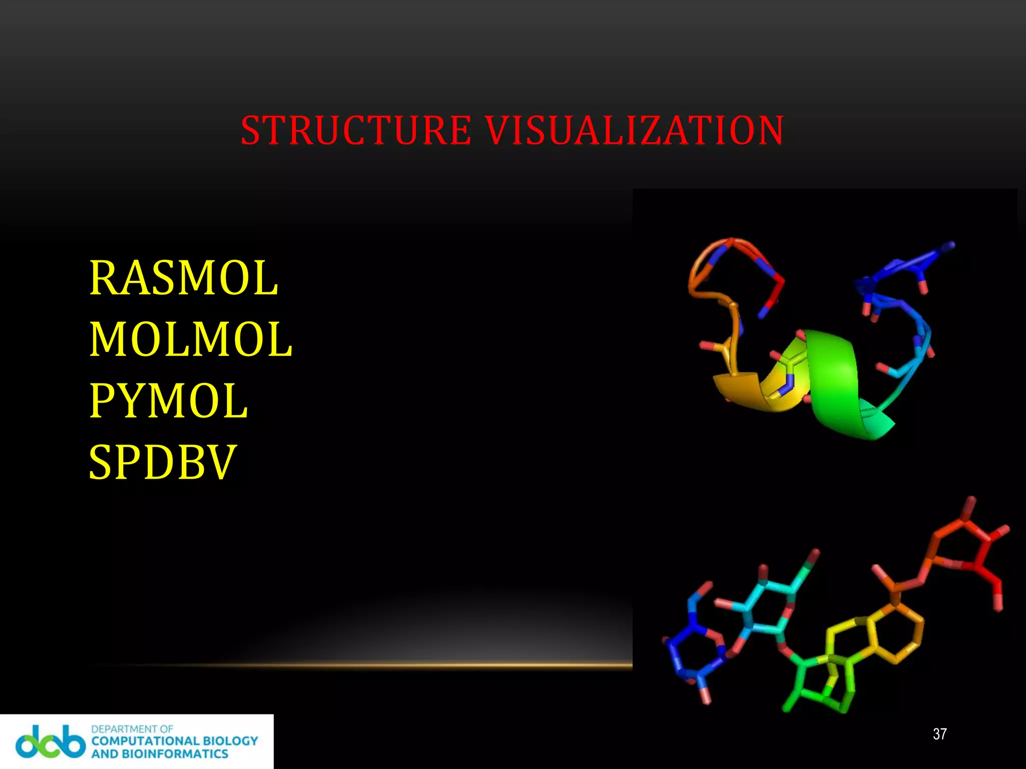 STRUCTURE VISUALIZATION
RASMOL
MOLMOL
PYMOL
SPDBV
37
 