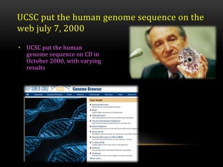 • UCSC put the human
genome sequence on CD in
October 2000, with varying
results
UCSC put the human genome sequence on the
web july 7, 2000
 