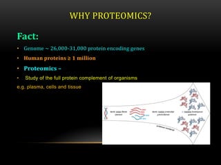 WHY PROTEOMICS?
Fact:
• Genome ~ 26,000-31,000 protein encoding genes
• Human proteins ≥ 1 million
• Proteomics –
• Study of the full protein complement of organisms
e.g. plasma, cells and tissue
 