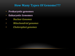 How Many Types Of Genome???
• Prokaryotic genomes
• Eukaryotic Genomes
• Nuclear Genomes
• Mitochondrial genomes
• Choloroplast genomes
 