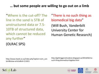 … but some people are willing to go out on a limb
“Where is the cut-off? The
line in the sand is 5TB of
unstructured data or 7.5-
10TB of structured data,
which cannot be reduced
any further”
(OLRAC SPS)
http://www.itweb.co.za/index.php?option=com_con
tent&view=article&id=111815
”There is no such thing as
biomedical big data”
(Will Bush, Vanderbilt
University Center for
Human Genetic Research)
http://gettinggeneticsdone.blogspot.se/2014/02/no-
such-thing-biomedical-bigdata.html
 