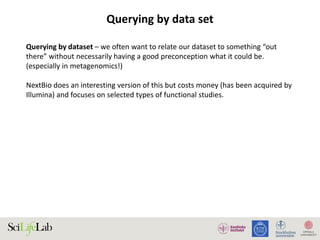 Querying by data set
Querying by dataset – we often want to relate our dataset to something “out
there” without necessarily having a good preconception what it could be.
(especially in metagenomics!)
NextBio does an interesting version of this but costs money (has been acquired by
Illumina) and focuses on selected types of functional studies.
 