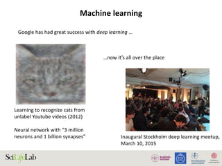 Machine learning
Google has had great success with deep learning …
Learning to recognize cats from
unlabel Youtube videos (2012)
Neural network with “3 million
neurons and 1 billion synapses”
…now it’s all over the place
Inaugural Stockholm deep learning meetup,
March 10, 2015
 